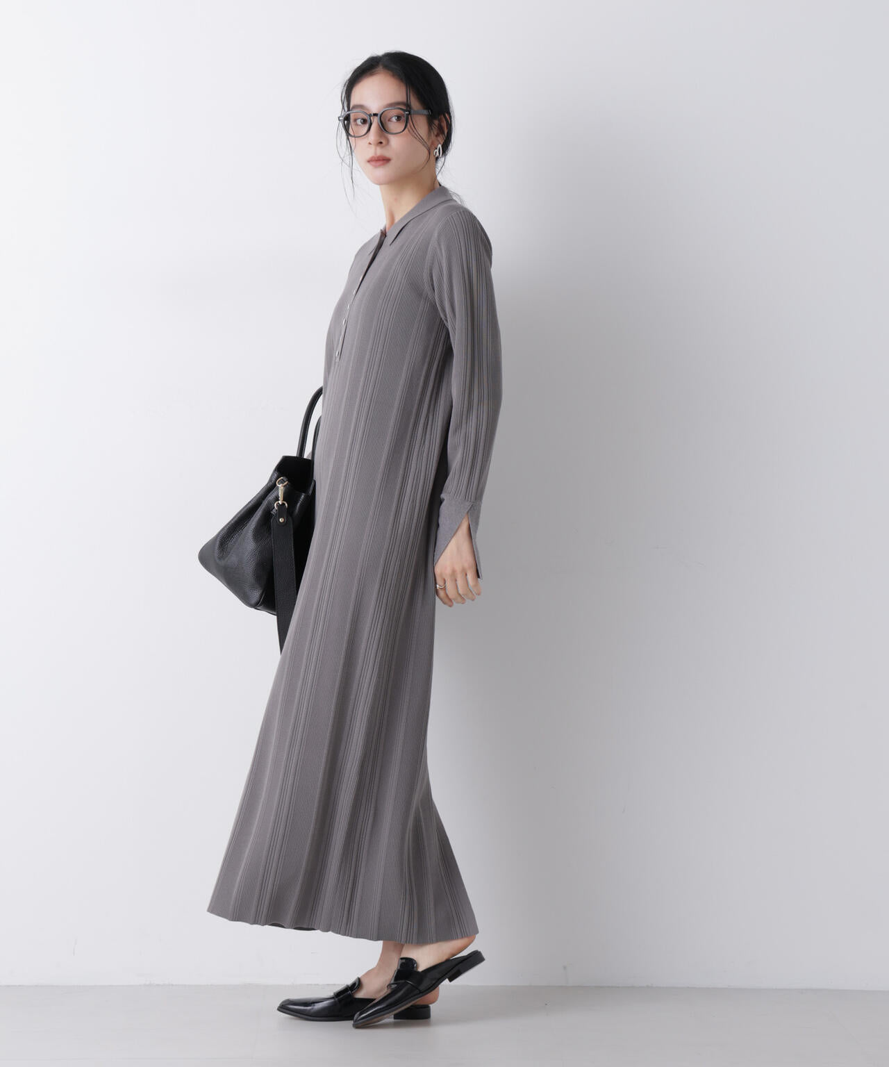 衿付き ランダムリブ ニットワンピース