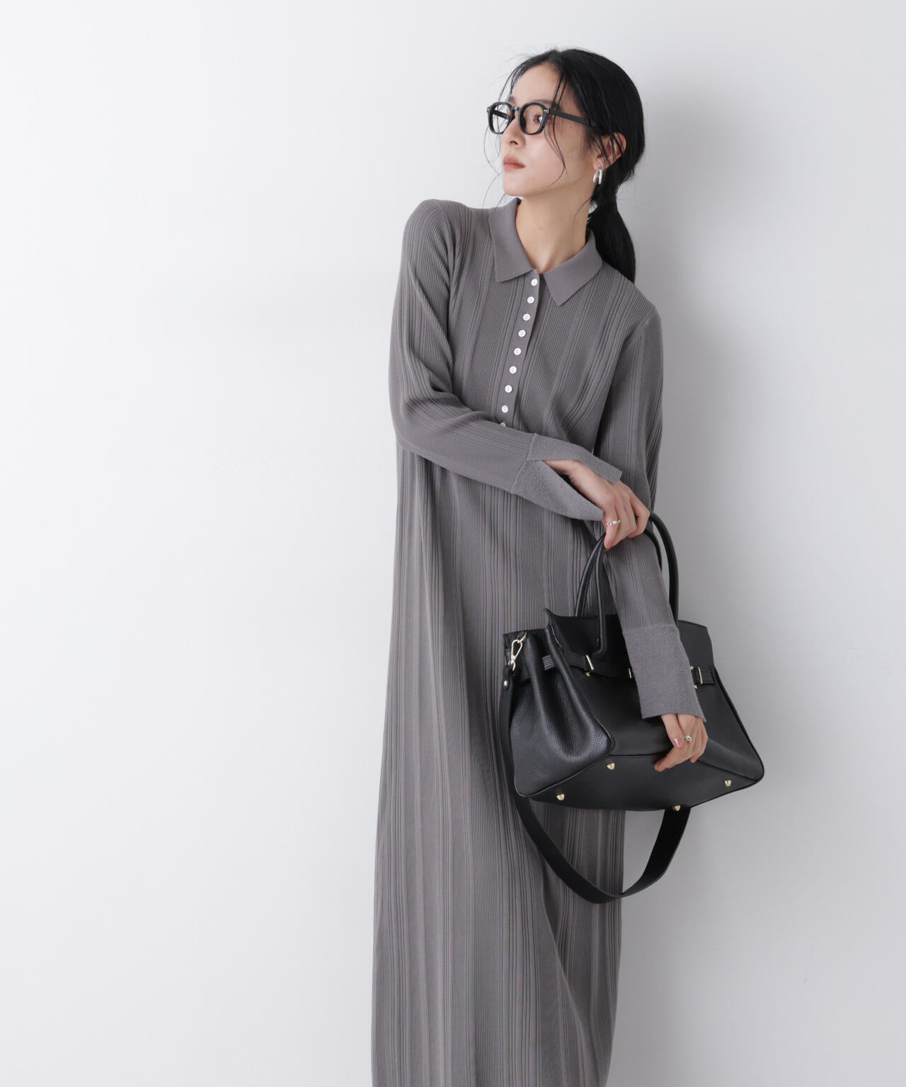 衿付き ランダムリブ ニットワンピース