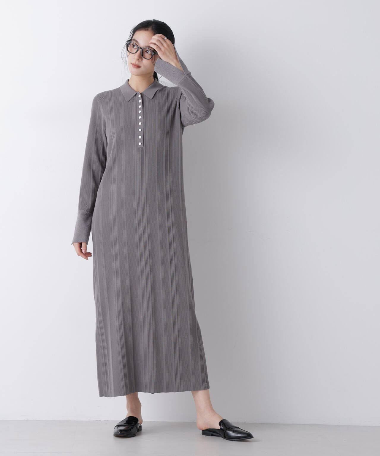 衿付き ランダムリブ ニットワンピース