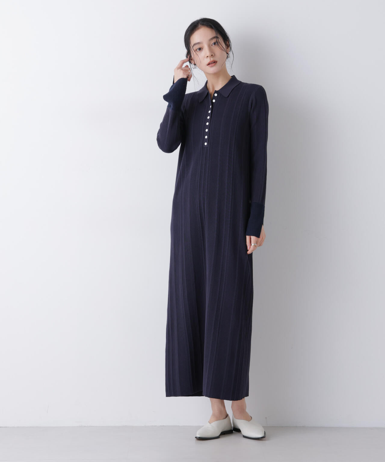 衿付き ランダムリブ ニットワンピース