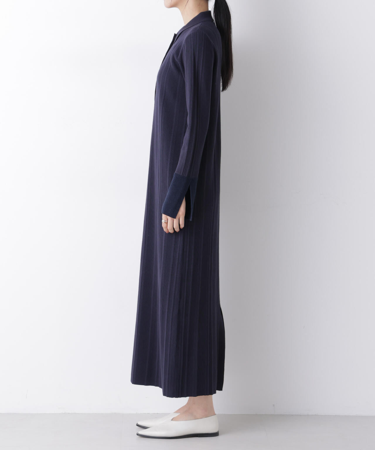 衿付き ランダムリブ ニットワンピース