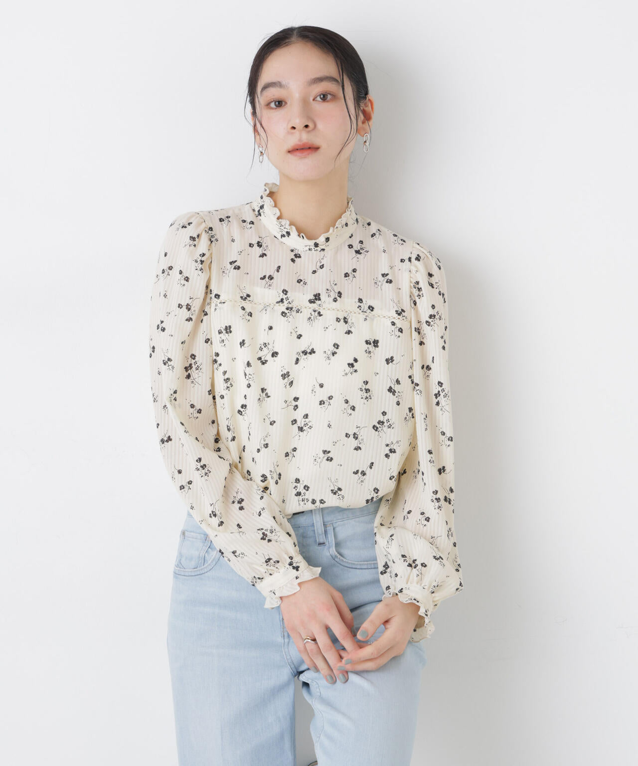 フラワー プリント スタンド フリル ブラウス ( セットアップ 可)