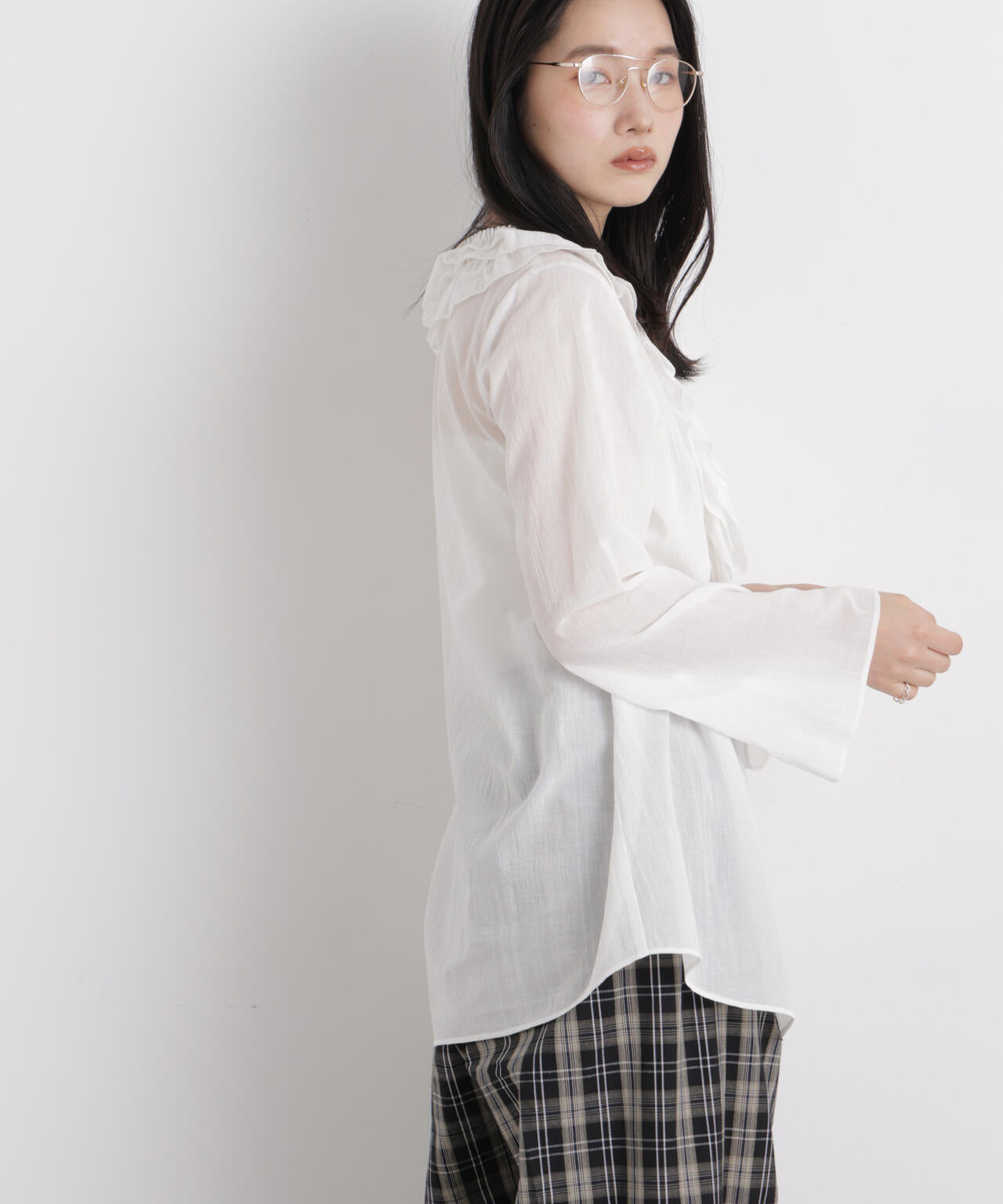 コットンシフォンフリルブラウス 6696120314