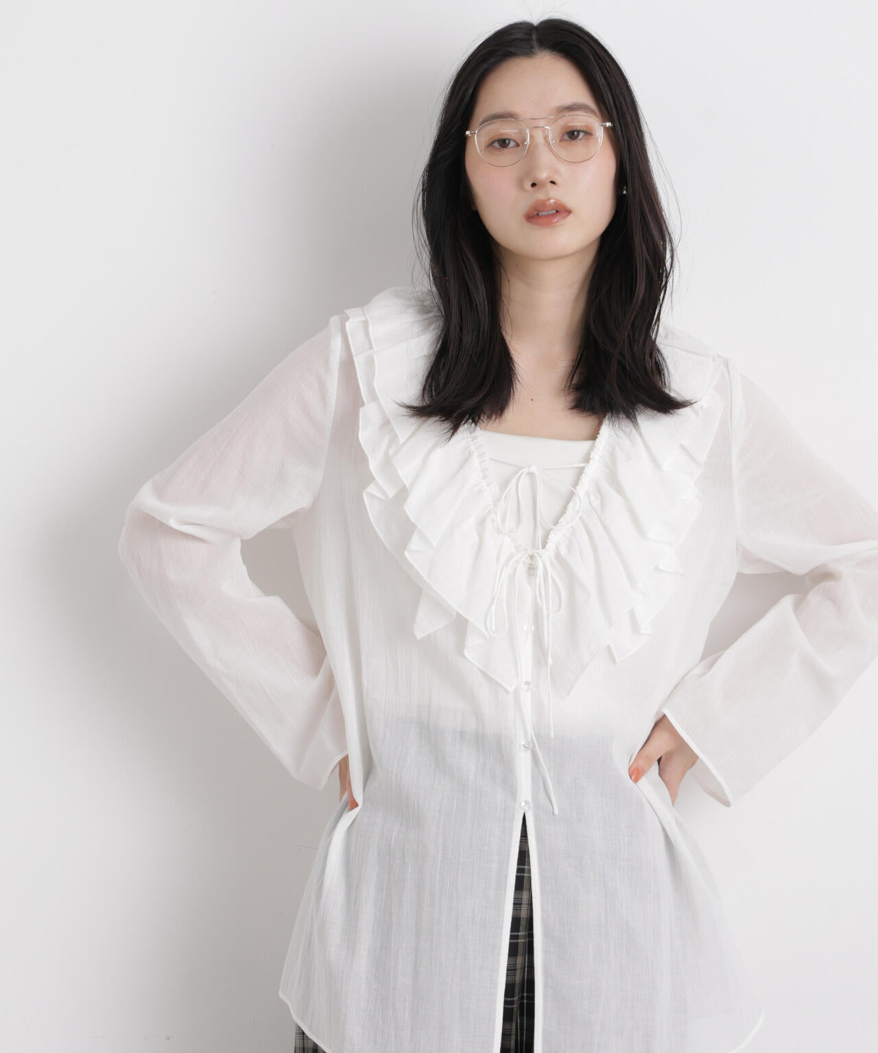 コットンシフォンフリルブラウス 6696120314