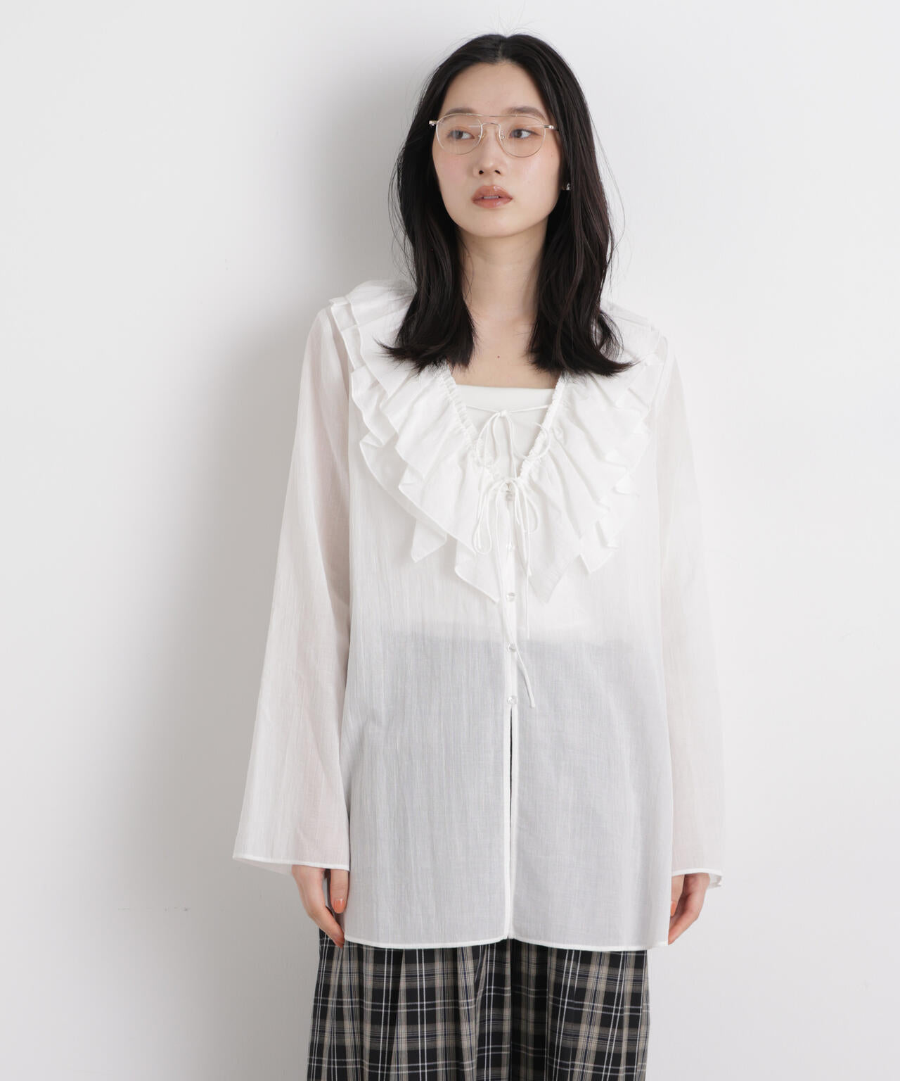 コットンシフォンフリルブラウス 6696120314