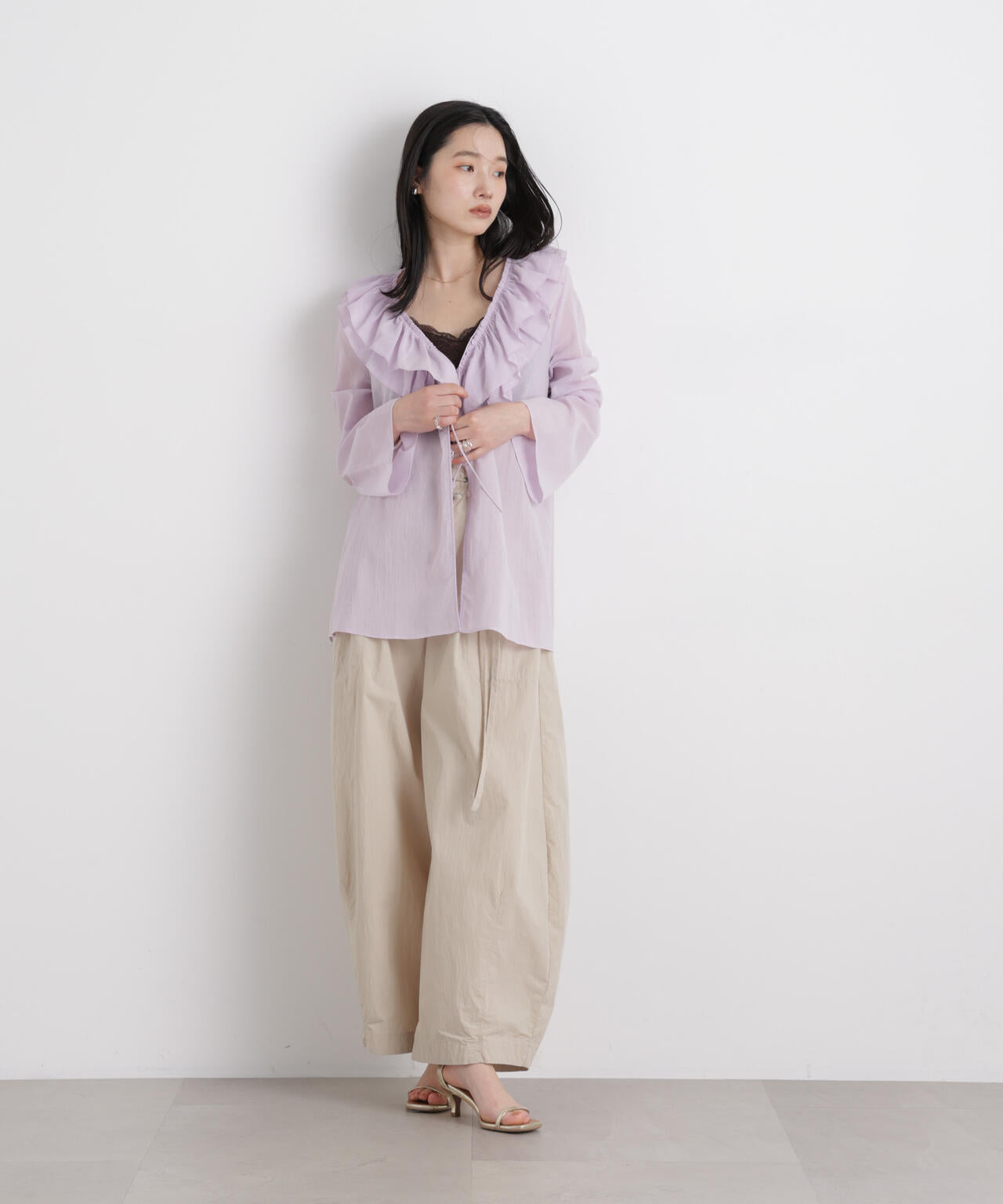 コットンシフォンフリルブラウス 6696120314