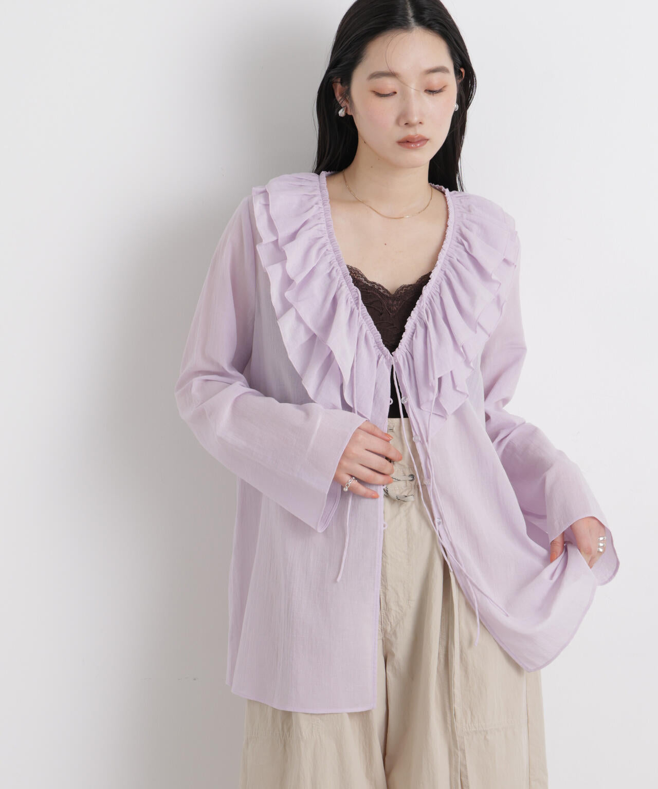 コットンシフォンフリルブラウス 6696120314