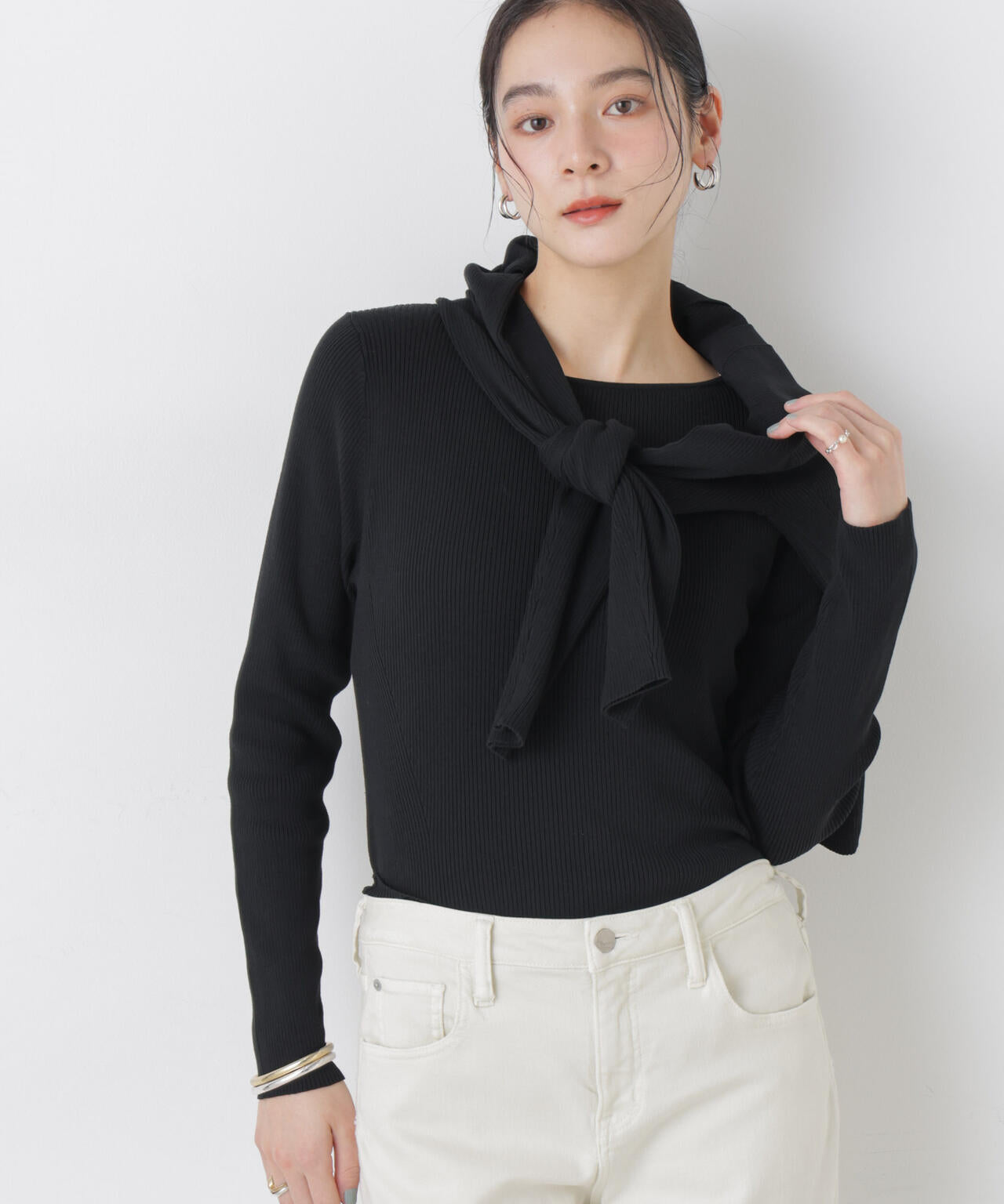 フォクシー 2WAYリブニットカットソー 37286 ボートネック 38 S 黒 アシンメトリーボートネックニットトップス[品番：MKSW0057061
