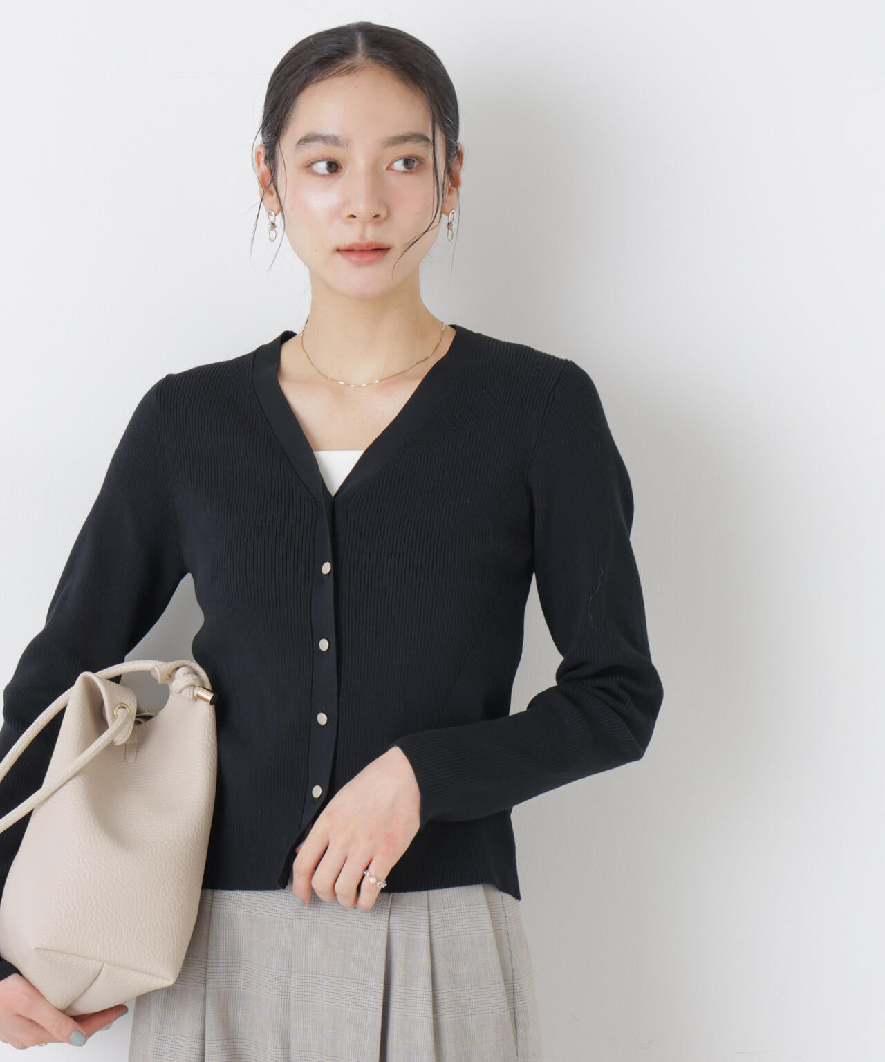 ドデカ　レディース　BLK M ウォッシャブル ハイツイスト Vネック リブ カーディガン