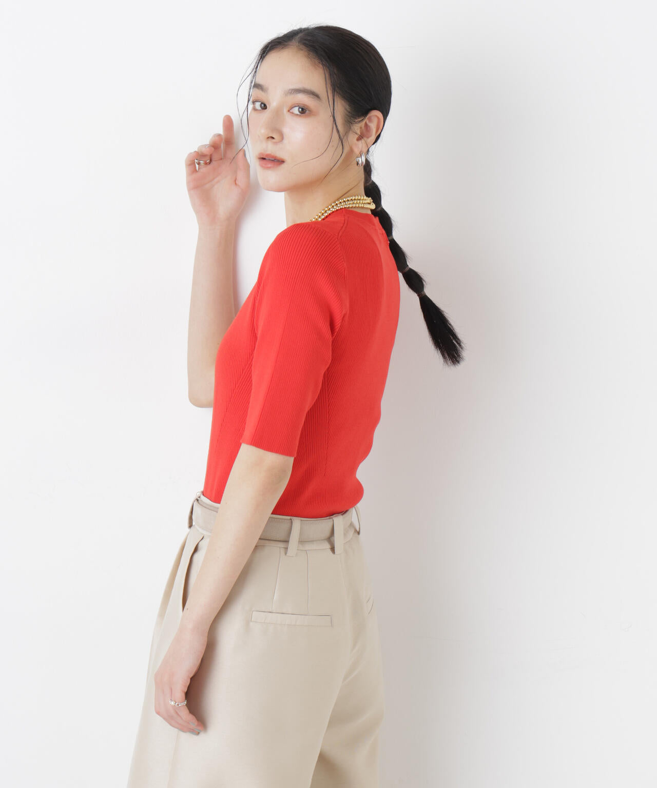 ウォッシャブルハイツイスト五分袖リブニット 6696122309