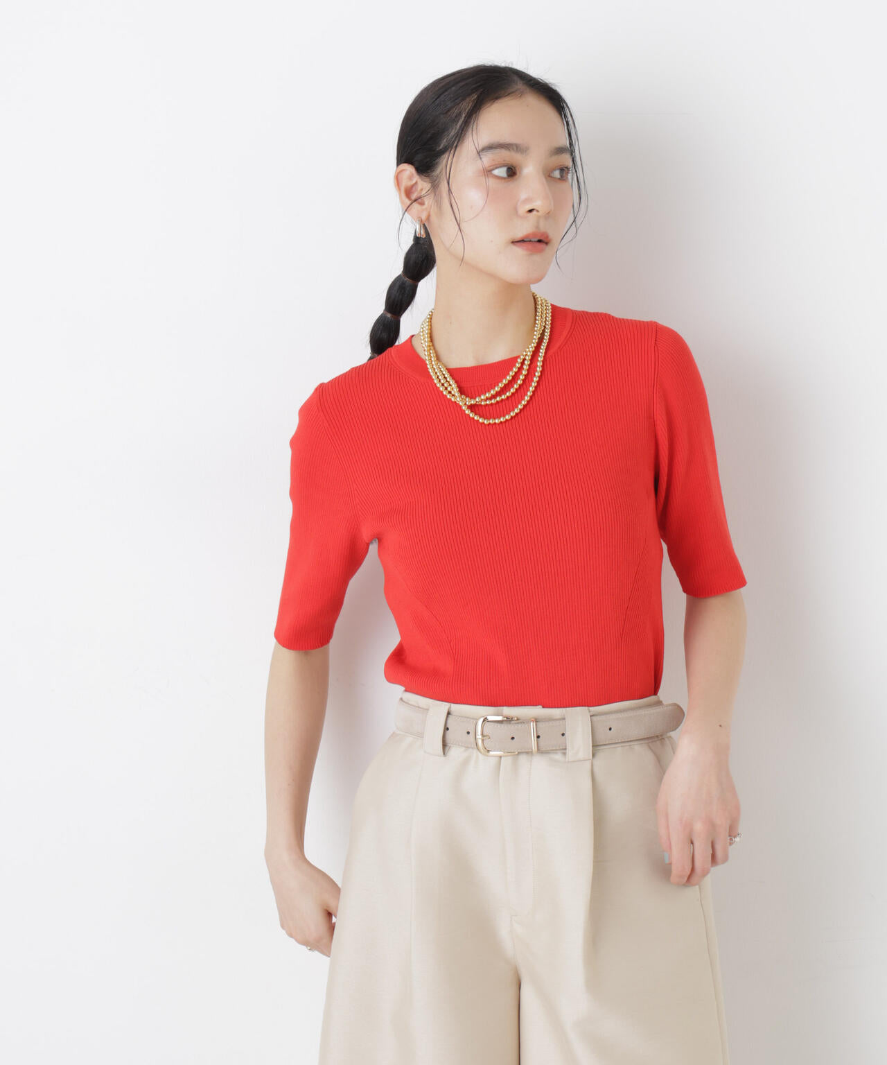 ウォッシャブルハイツイスト五分袖リブニット 6696122309