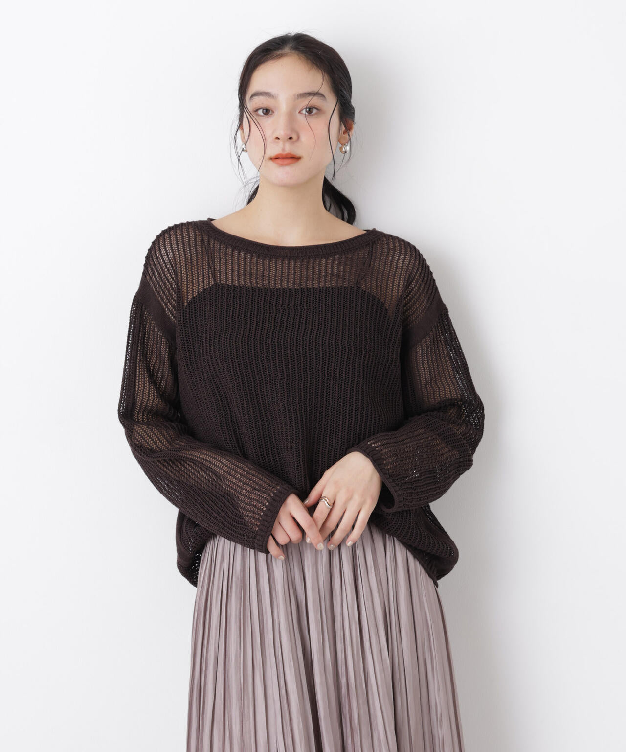 リネン混テープヤーンメッシュワイドニット 6696122312