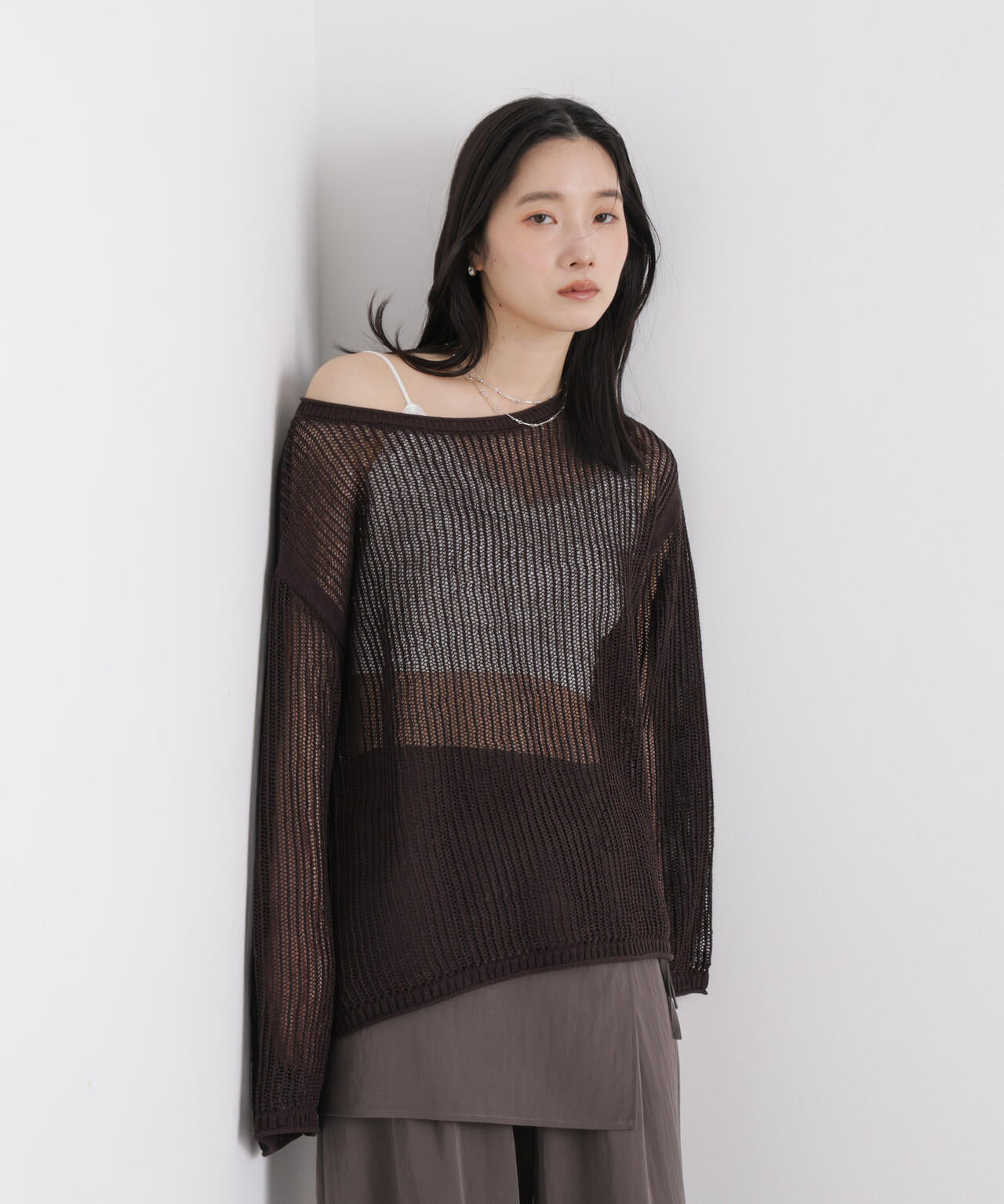 リネン混テープヤーンメッシュワイドニット 6696122312