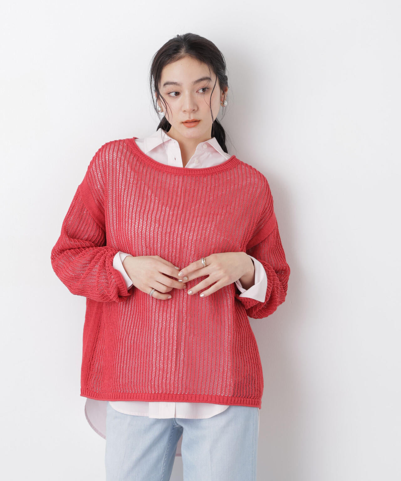 リネン混テープヤーンメッシュワイドニット 6696122312