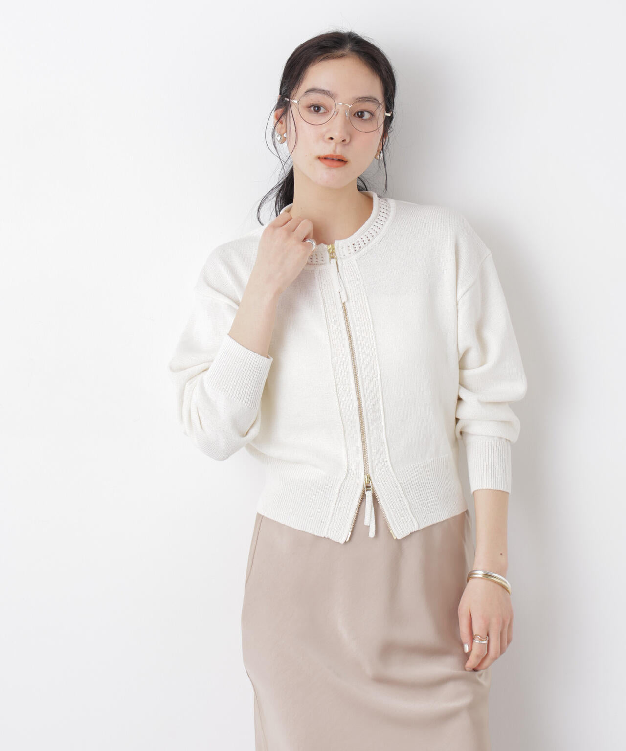 リネン混テープヤーンジップニットカーディガン 6696122313