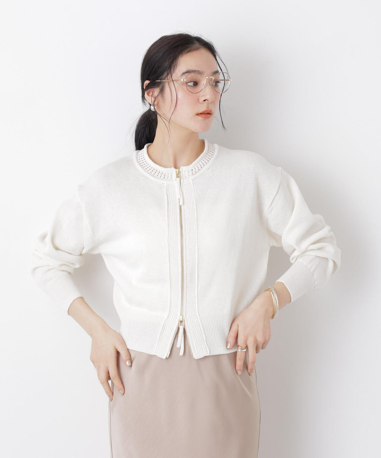 リネン混テープヤーンジップニットカーディガン 6696122313