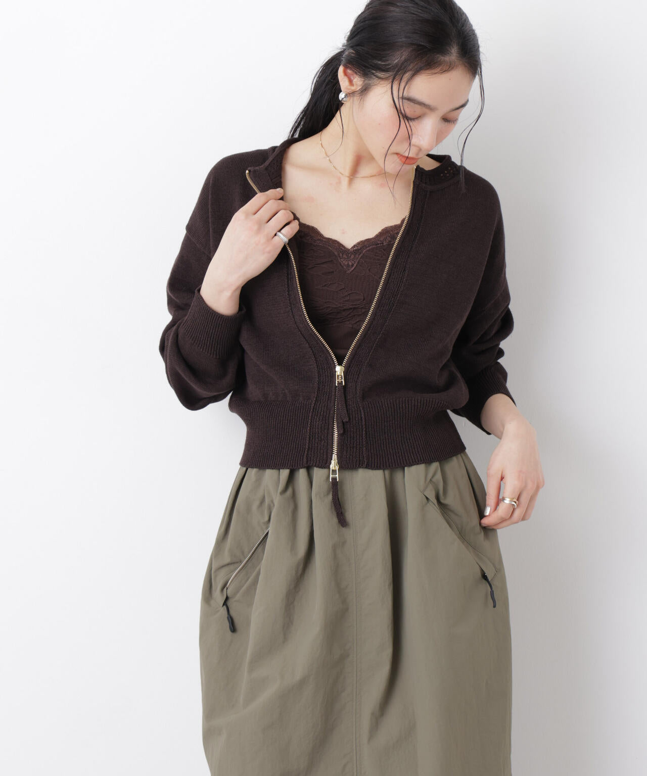 リネン混テープヤーンジップニットカーディガン 6696122313