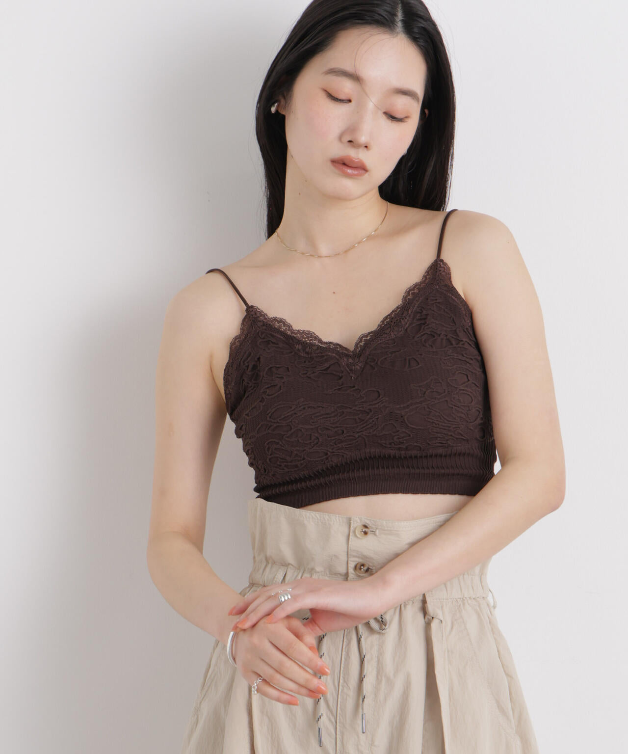 レース ジャガード カップ 取り外し クロップド キャミソール
