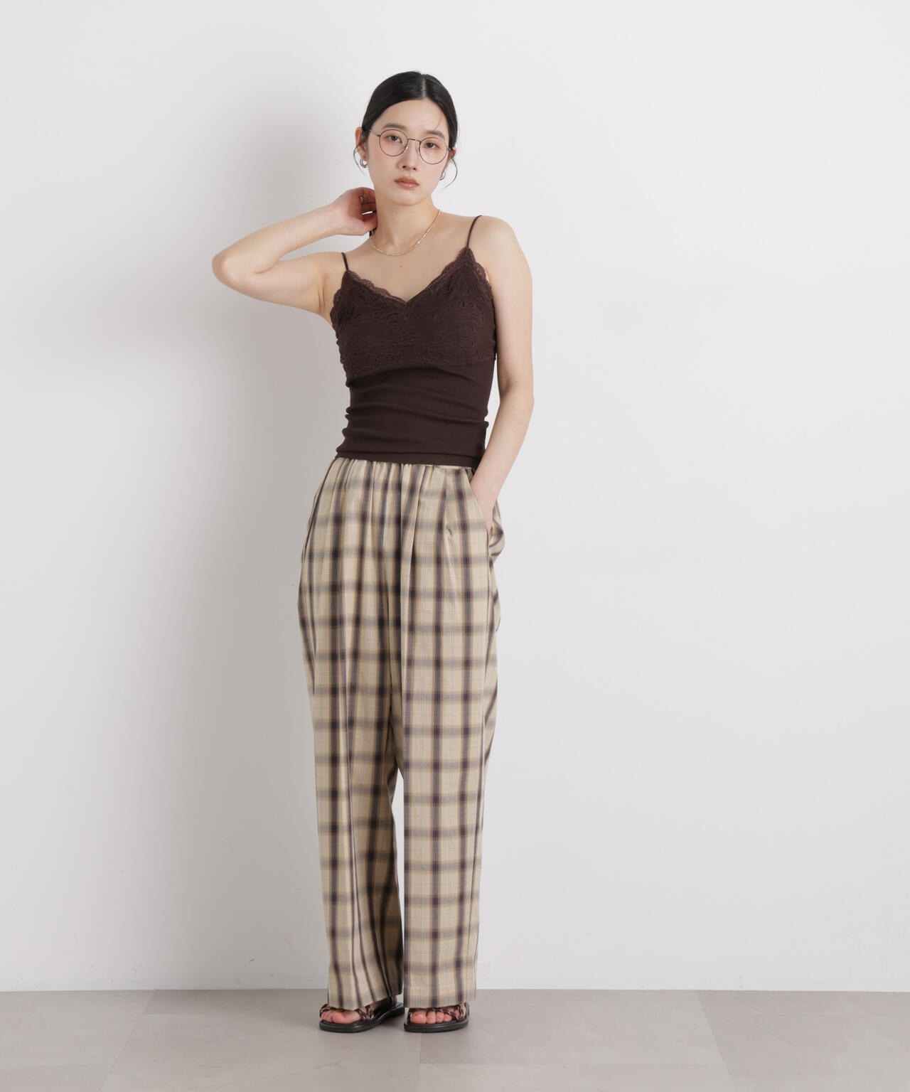 レースジャガードカップ付きキャミソール 6696124316