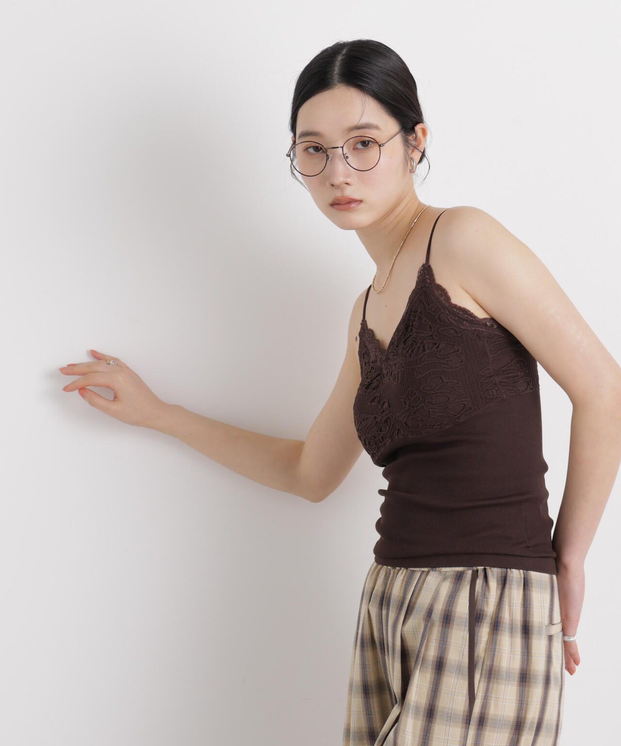 レースジャガードカップ付きキャミソール 6696124316