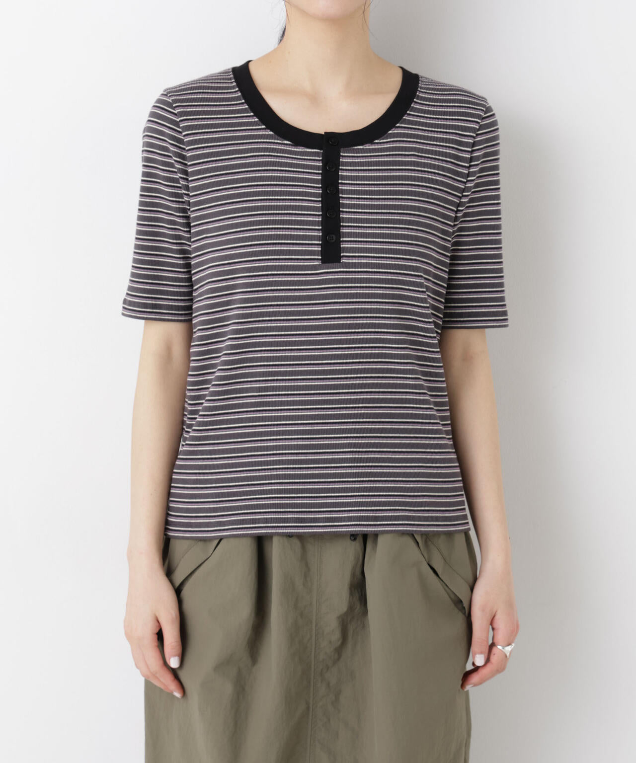 ボーダー テレコ ヘンリーネック Tシャツ