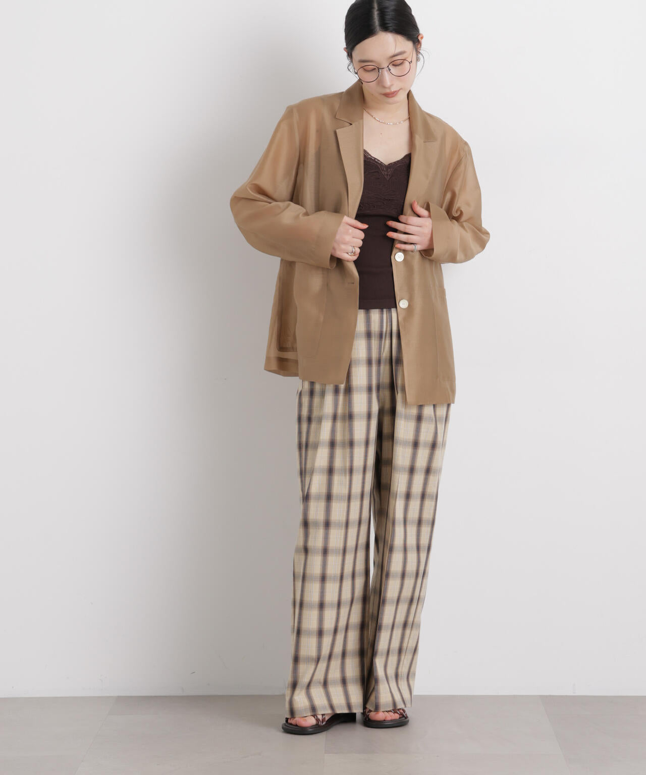 チェックイージーワイドパンツ 6696127312