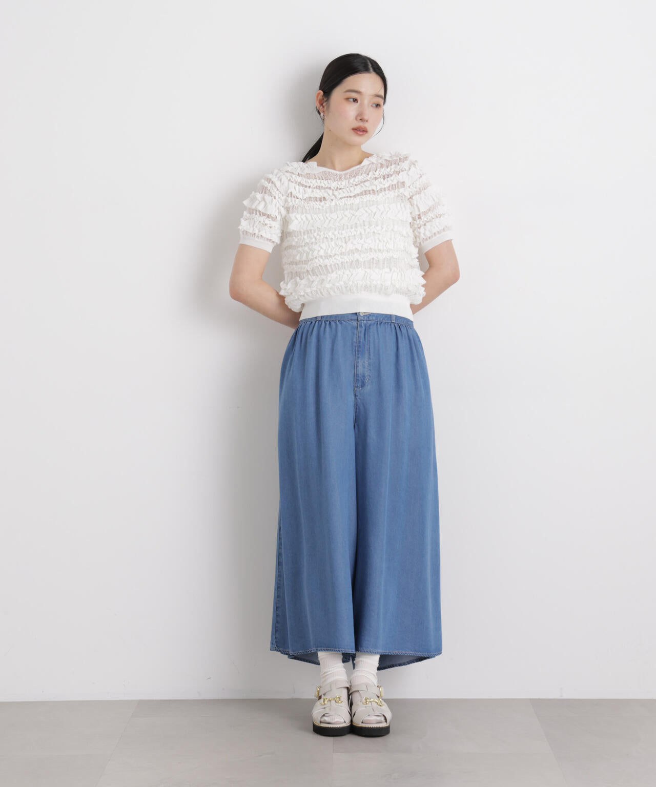 テンセル デニム ギャザー ワイド パンツ ( セットアップ 可 )