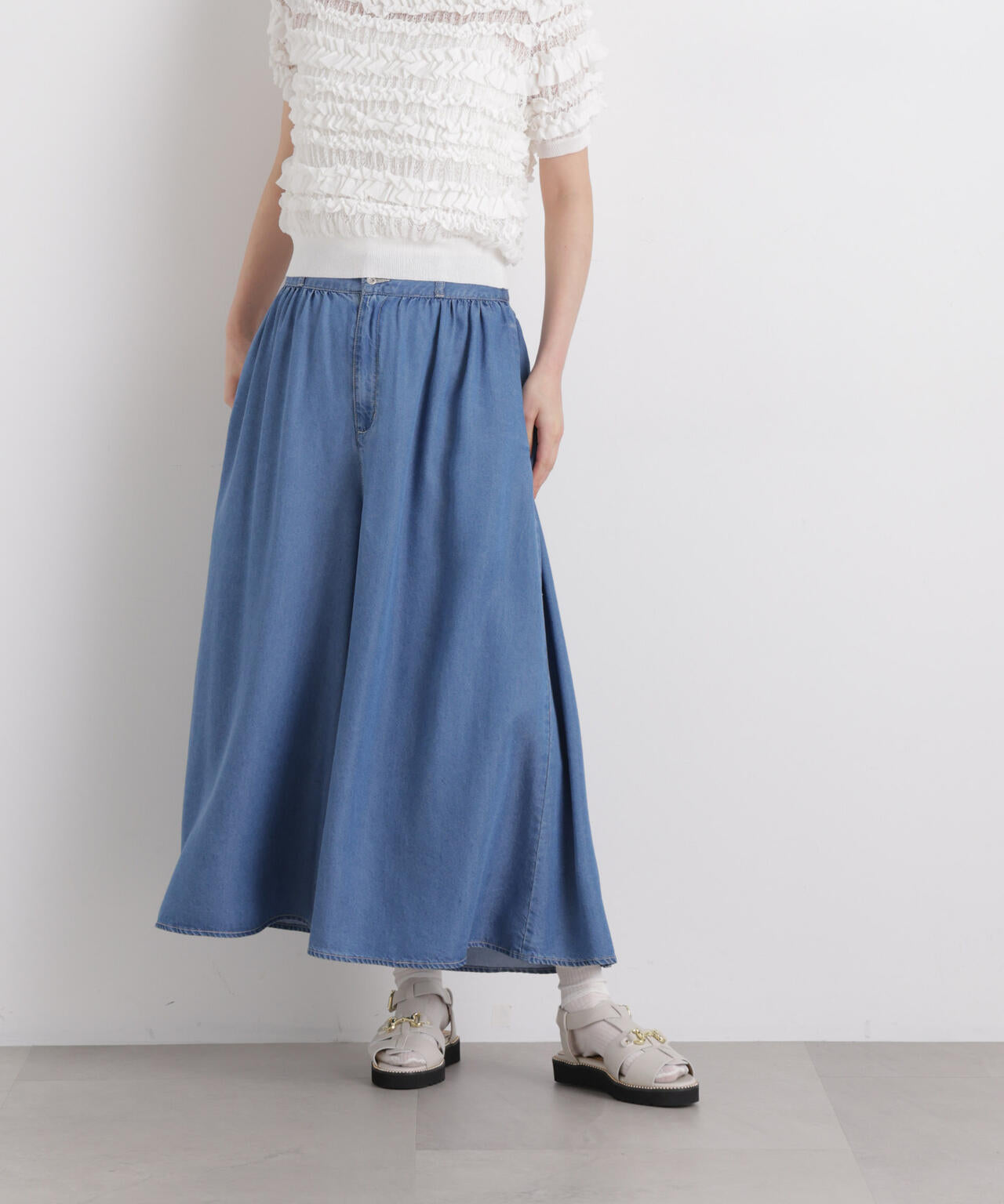 コ*ロ様 elu. ギャザーワイドパンツ　ネイビー　S テンセル デニム ギャザー ワイド パンツ ( セットアップ 可 )