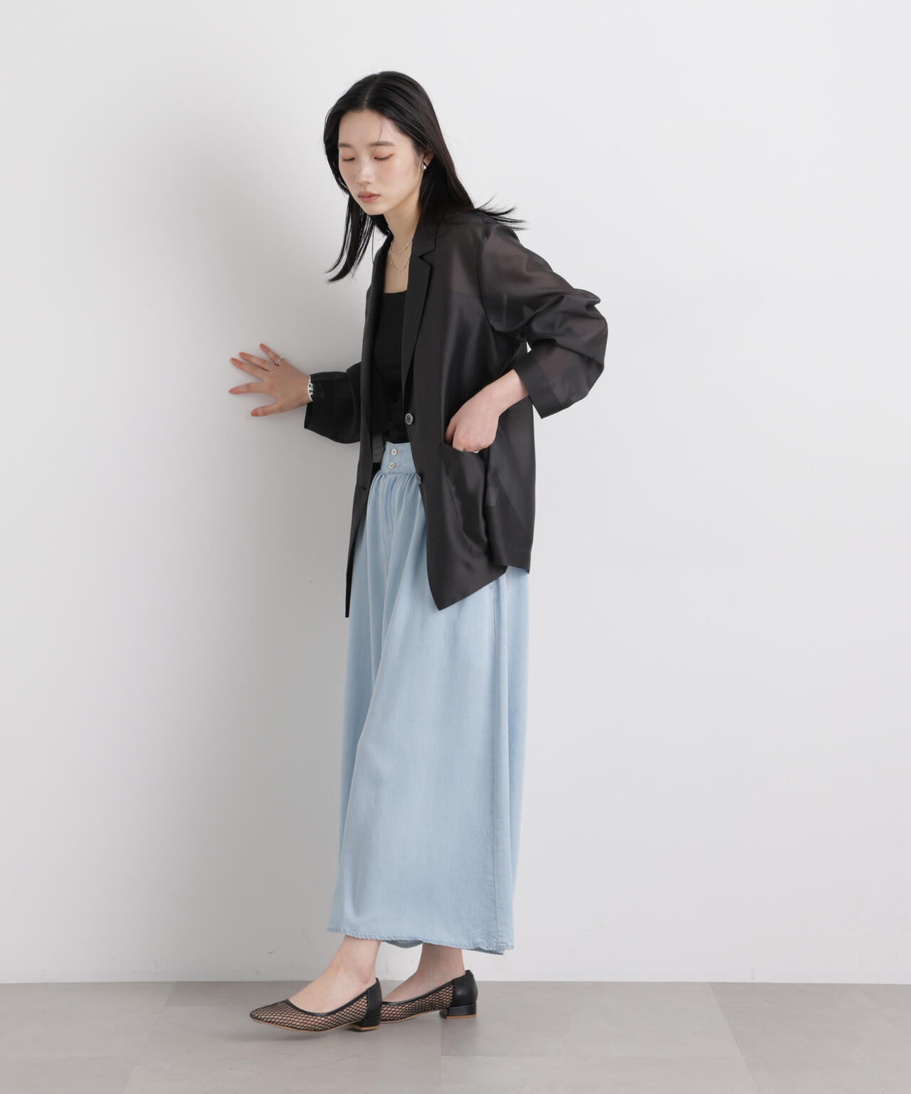 テンセル デニム ギャザー ワイド パンツ ( セットアップ 可 )