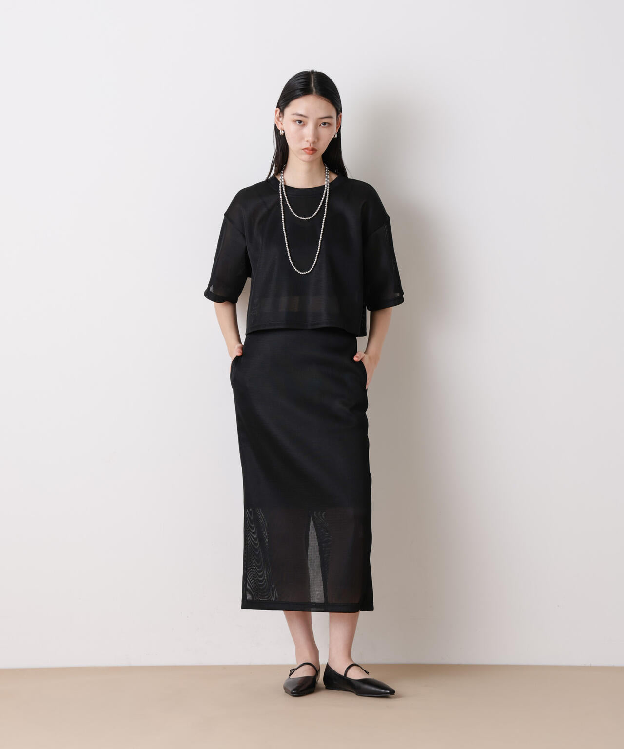 大きめS 長袖フーディ　内側メッシュ　フレアダンボールスカート　上下セット　春夏 STEVELOUR」シアーメッシュ ダンボール タイトスカート ( セットアップ 可)