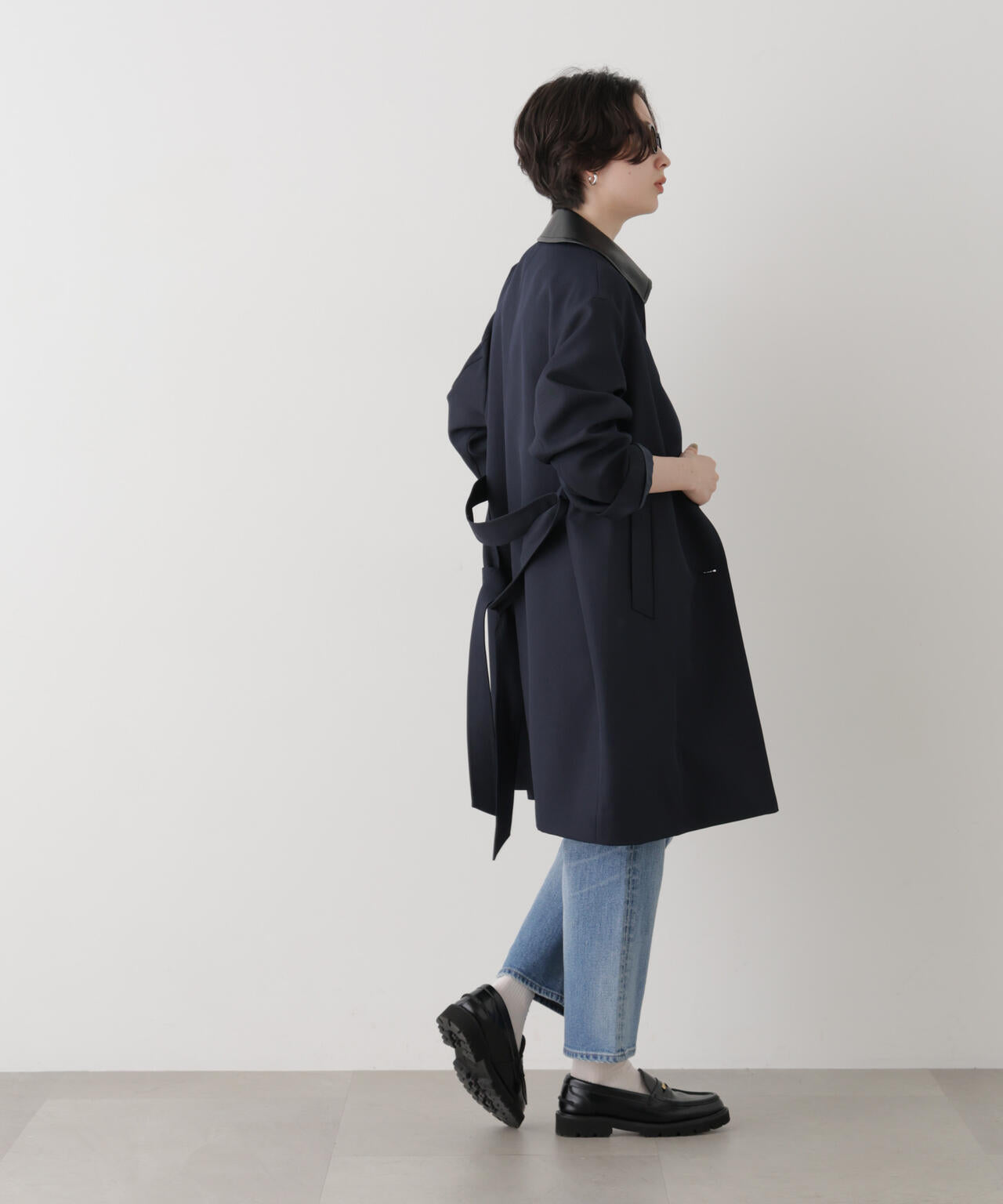 り*さ様 【美品】プラチナム コムサ　ミリオール 黒 ステンカラーコート 襟元ラ フェイクレザー衿ステンカラーコート