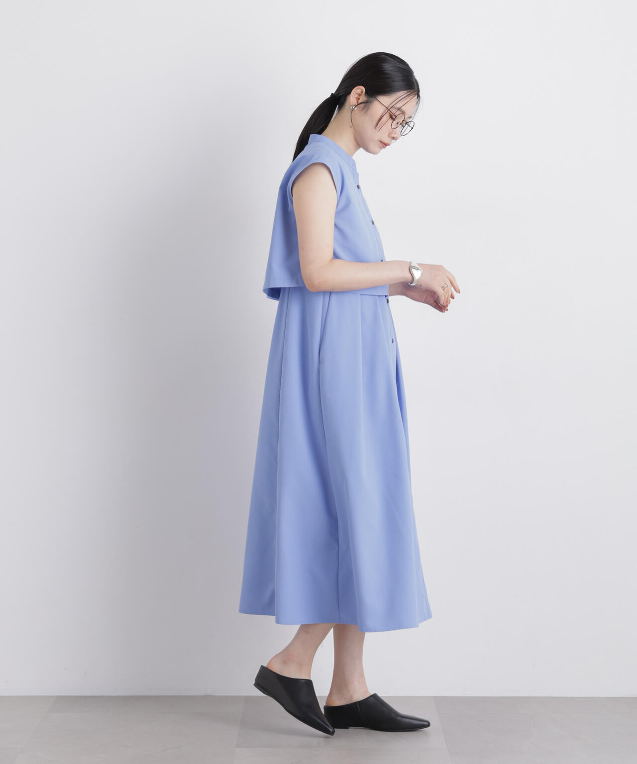 レイヤード 風 スタンドカラー シャツ ワンピース