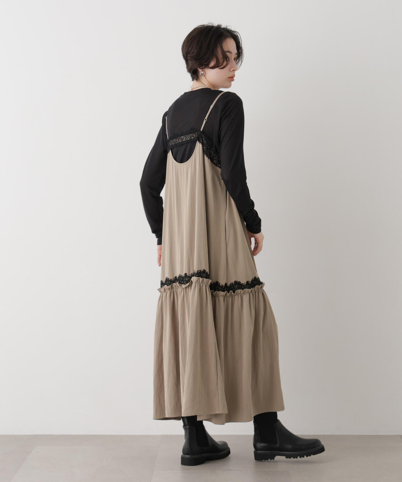 ans dotsloevner キャミワンピ M レーストリムツイルギャザーキャミワンピース