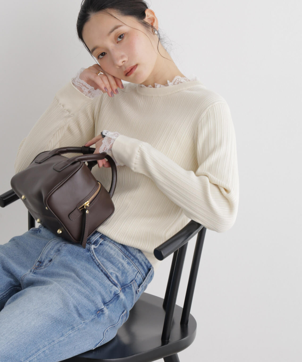 CICA&UVカット加工レースフリル付きリブニット 6696222319