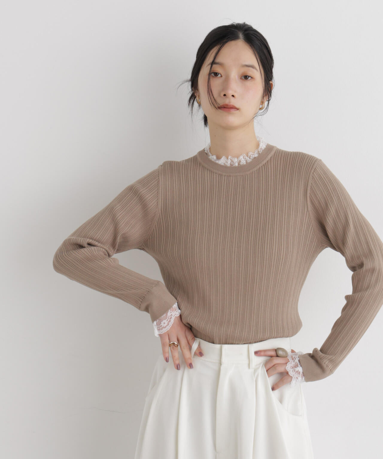 CICA&UVカット加工レースフリル付きリブニット 6696222319