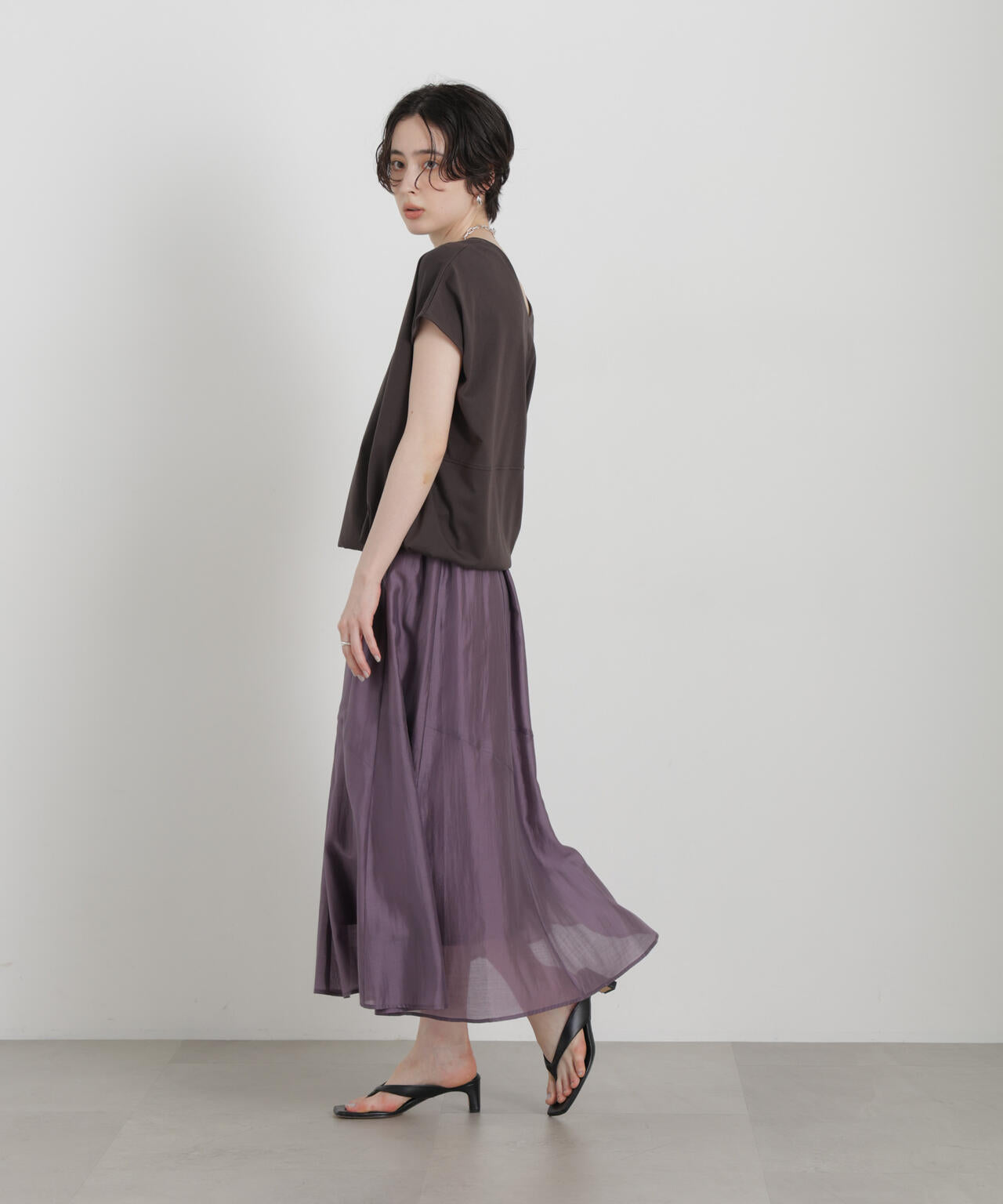 VIVIENNE TAM パープル シアー 半袖トップス＆スリットスカート シアーサテンフレアギャザースカート(セットアップ可)