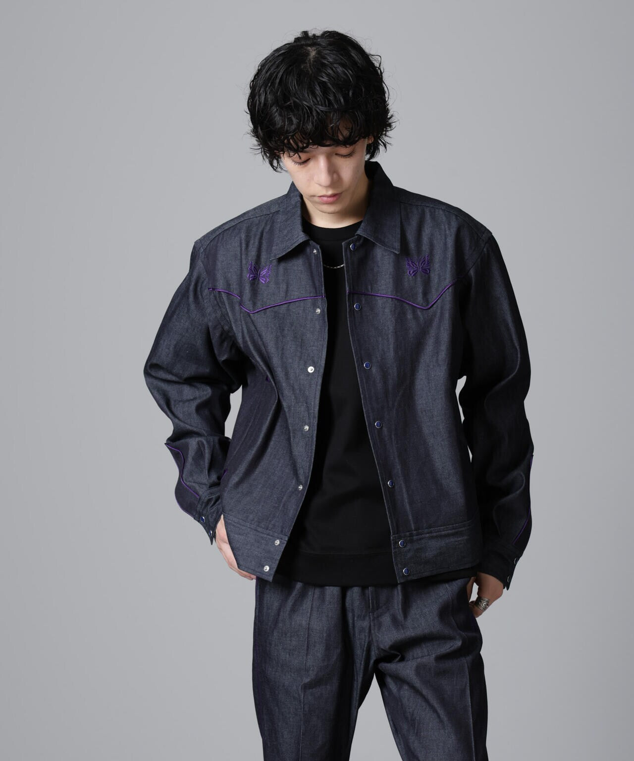 Piping Cowboy Jacket - Black - Poly Double Cloth | Nepenthes
