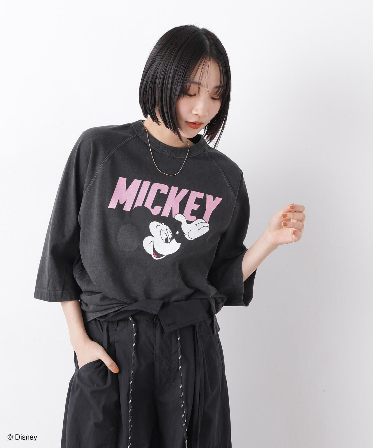 ロク MICKEY CREW NECK SHORT SLEEVE TEE XSIDE Crew Neck Mickey Mouse Printed Short Sleeve Women's T-Shirt