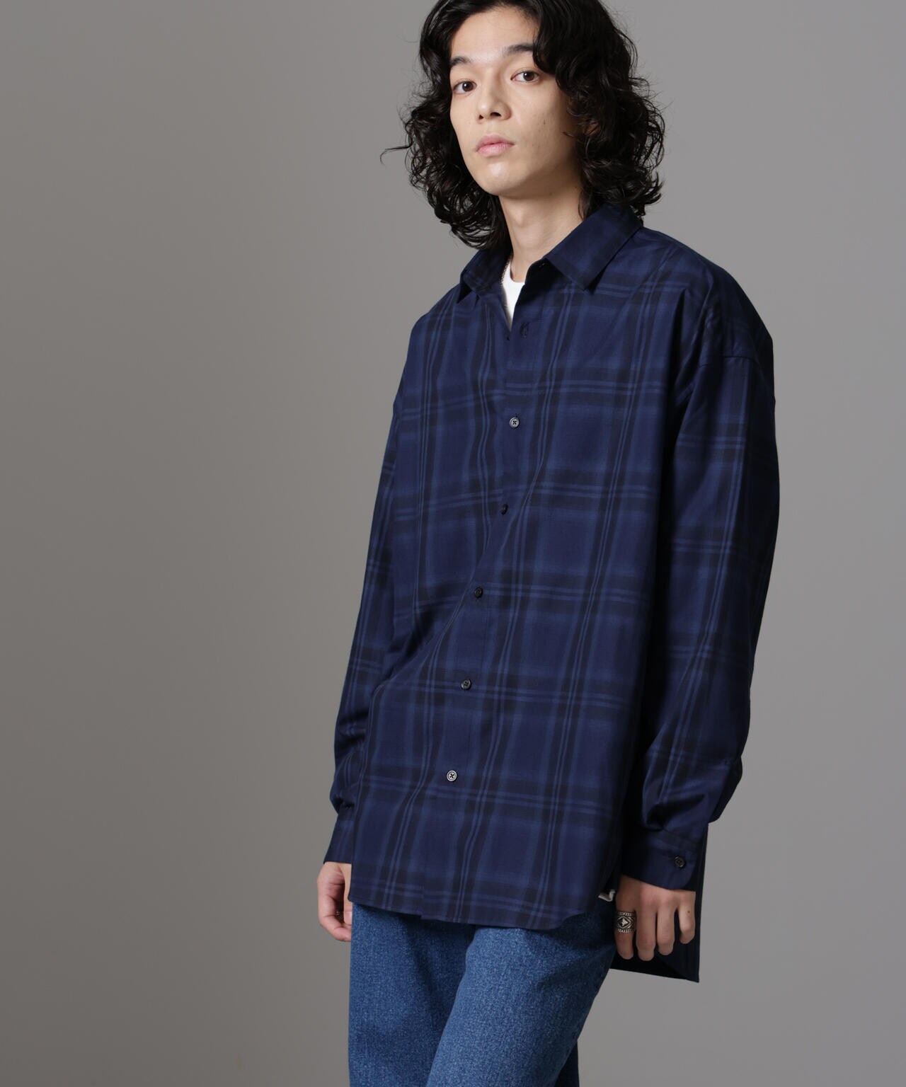 美品  ビッグ ドレープ 長袖 シャツ チェック トップス