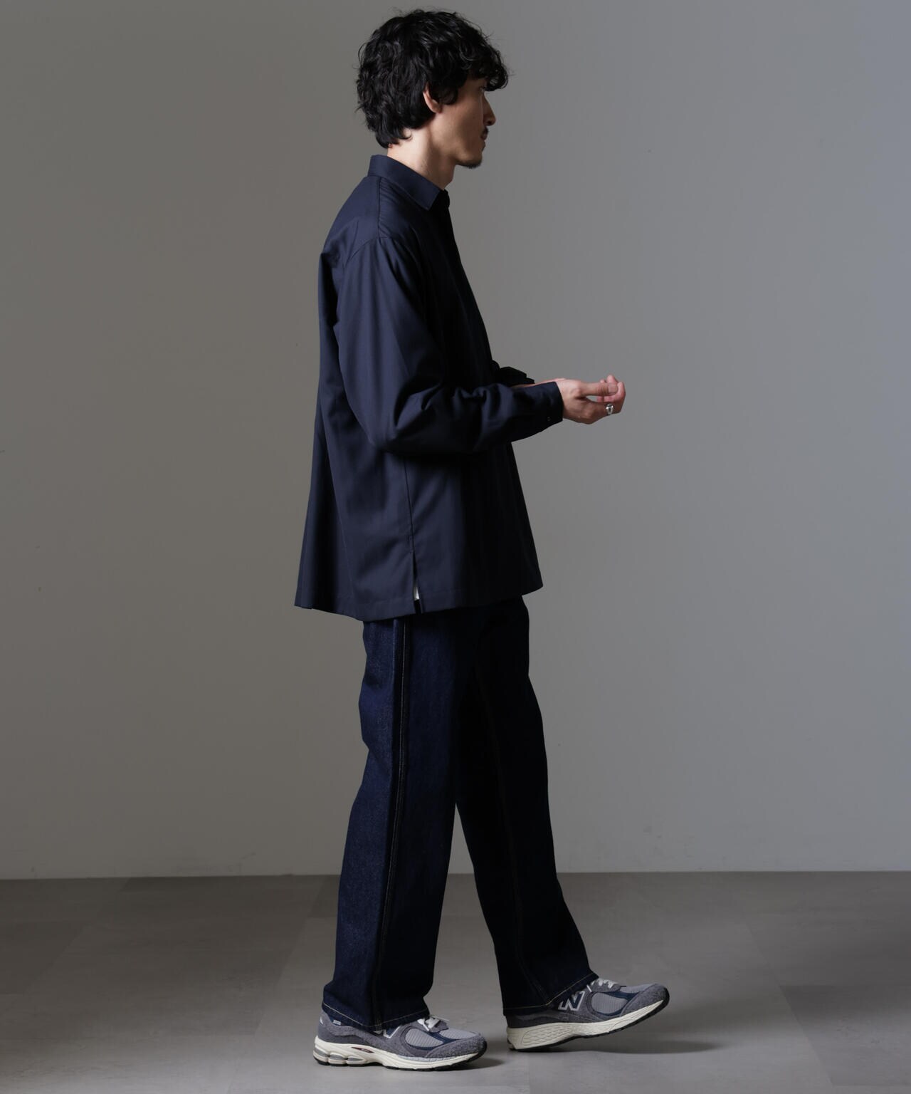 Delph メンズi М size タッパー ネイビー 長袖 ドレープ スキッパー シャツ 長袖