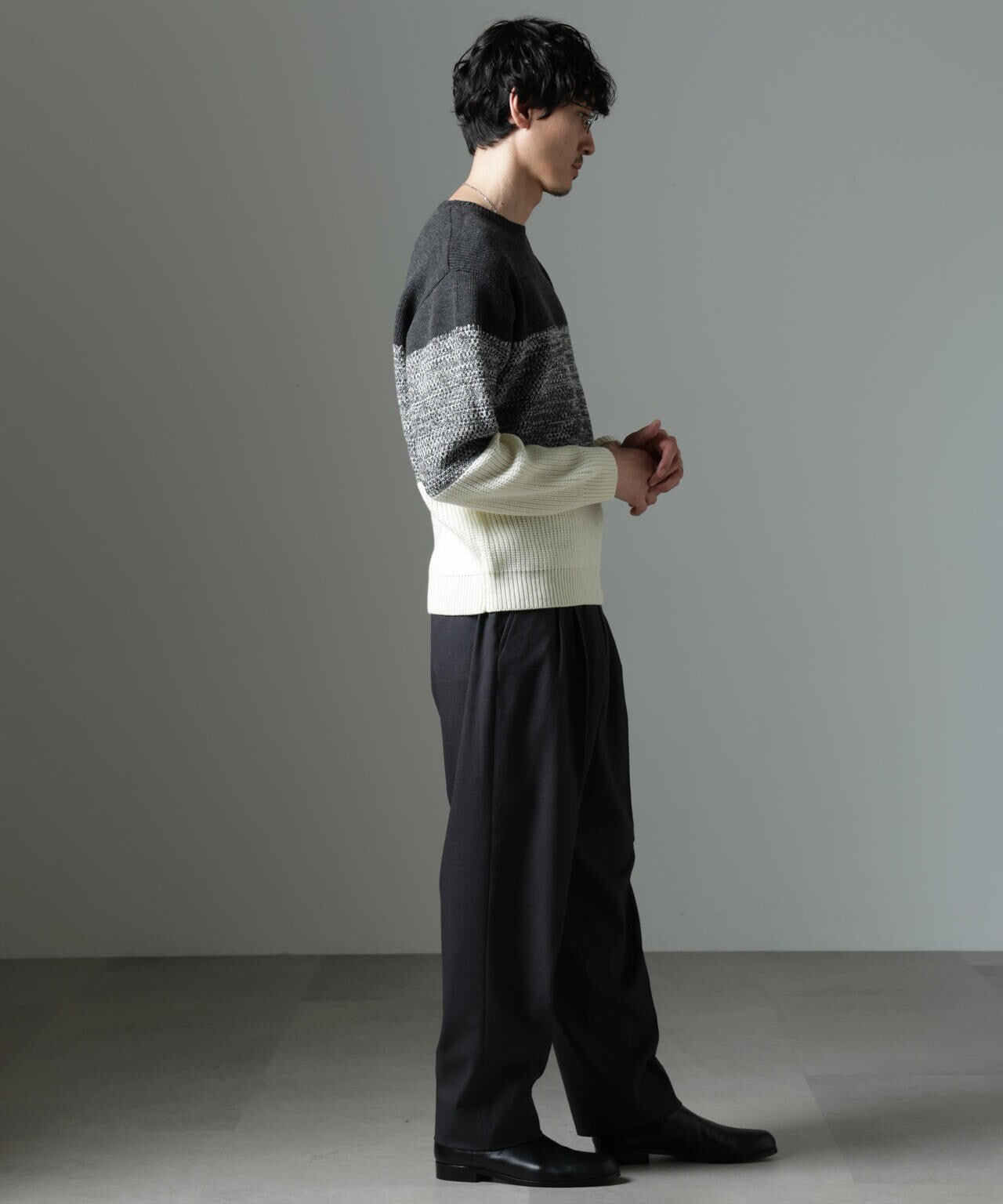 【極美品】23区　洗えるウールカシミヤ パネルボーダーニット　ブラック　46 23区 【洗える】ウールカシミヤ パネルボーダー ニット （オフ