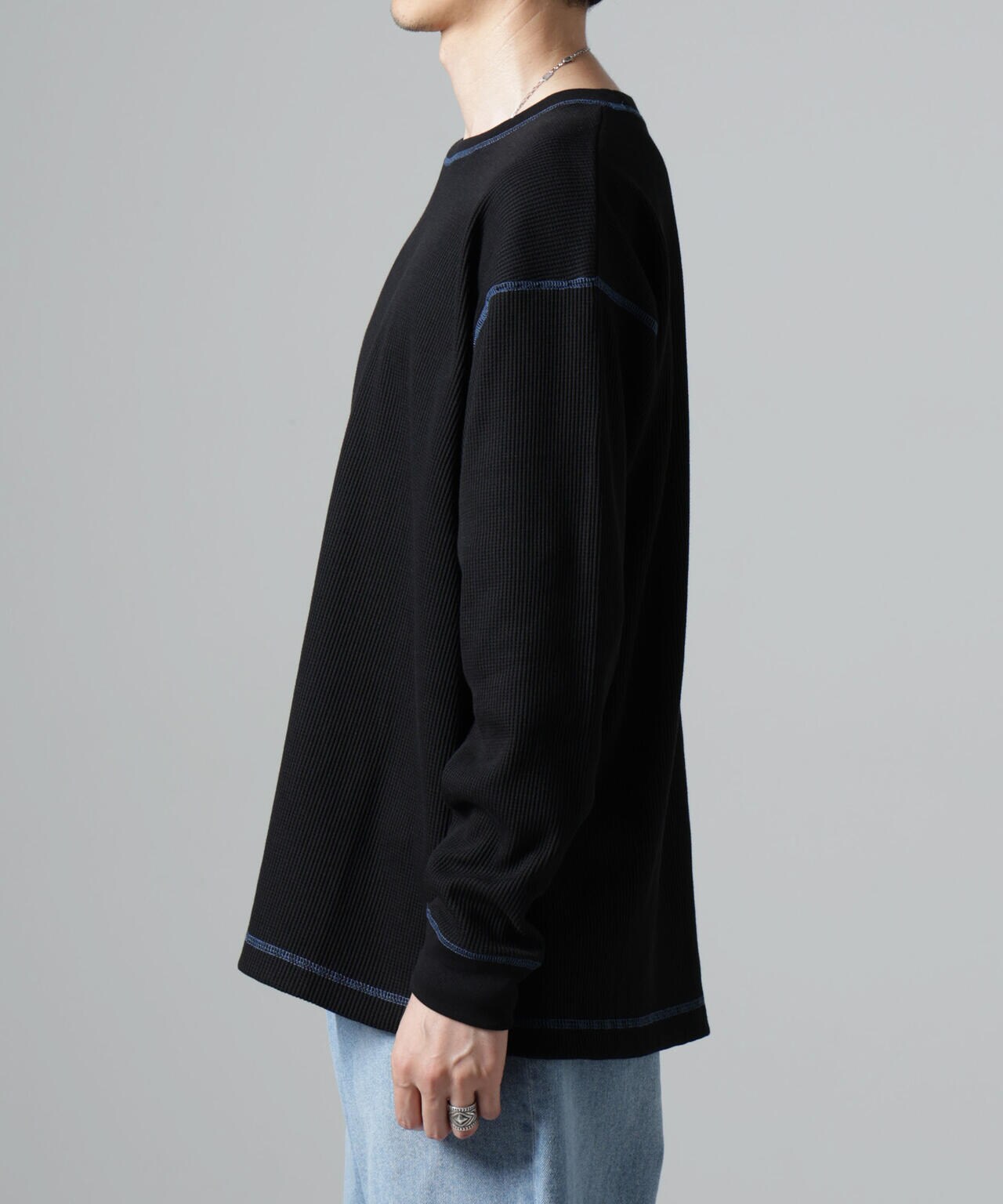 ★boohoo★ワッフルコントラスト ステッチ 刺繍シャツ(送料込) ステッチ ワッフル Tシャツ 長袖