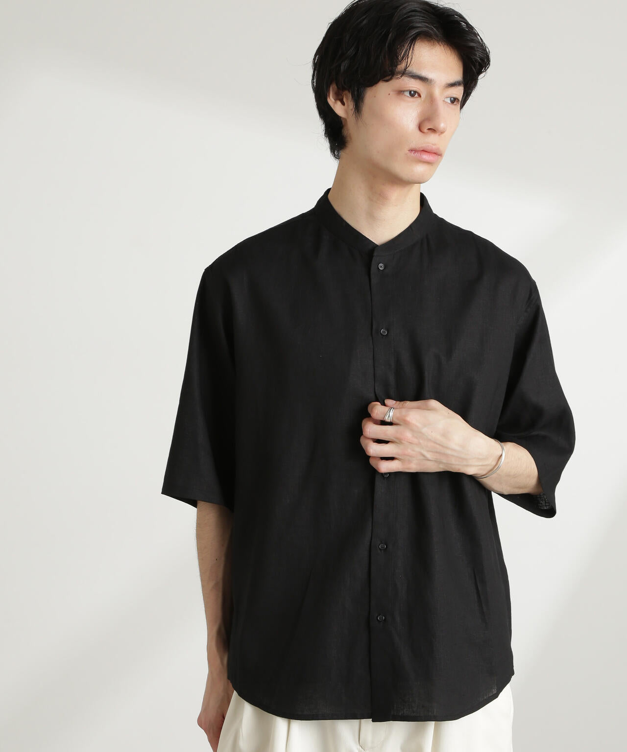 アンチスメル リネン バンドカラー シャツ 半袖