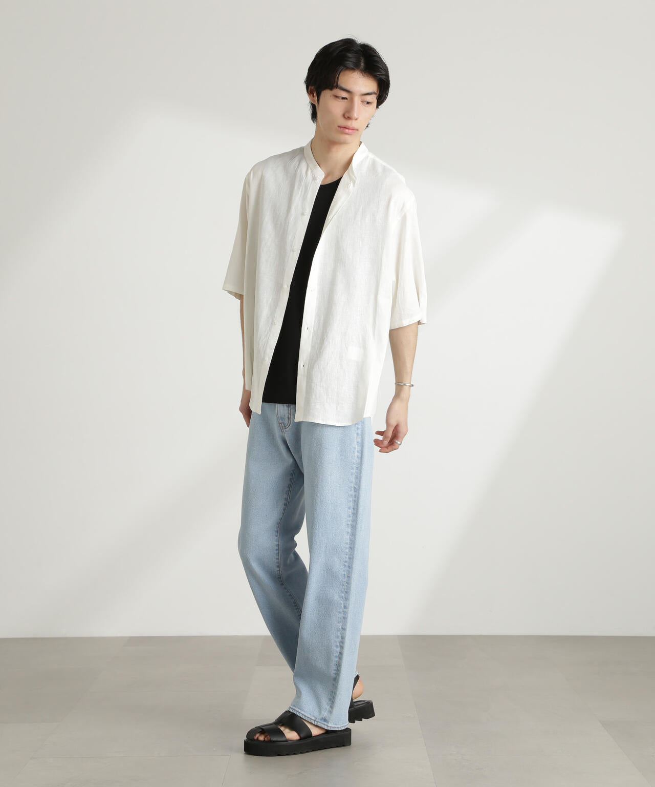 アンチスメル リネン バンドカラー シャツ 半袖