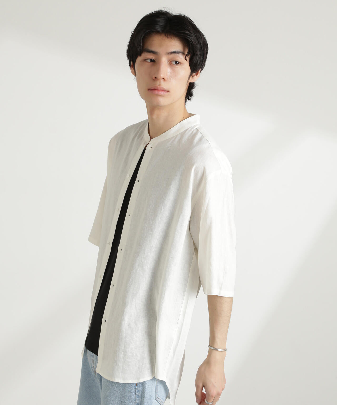 アンチスメル リネン バンドカラー シャツ 半袖