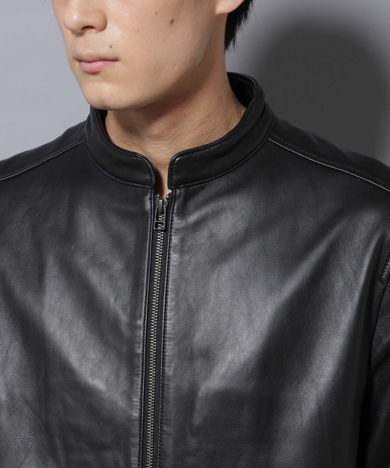 バンドカラー レザー シングルライダースジャケット