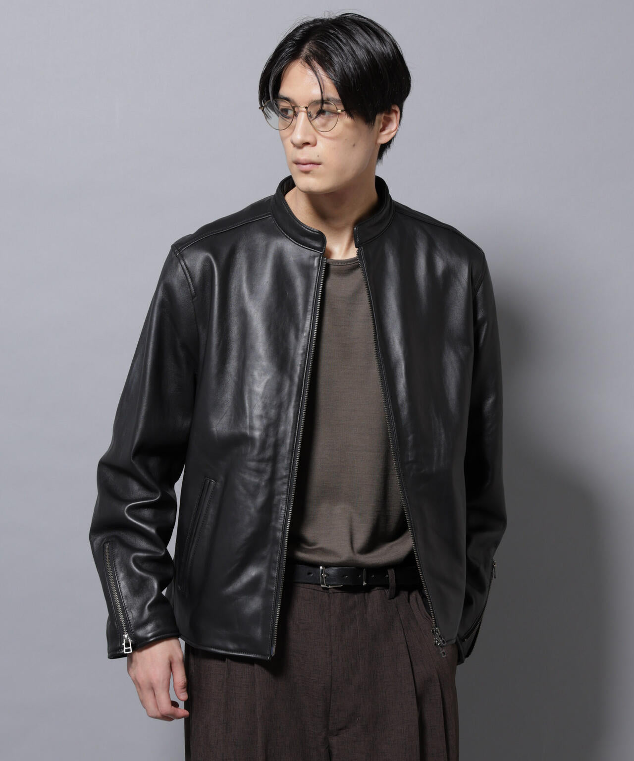 ナノユニバース ライダースジャケット シングル ノーカラー 羊革 ベージュM 6684213202-010_SUB.jpg?v=