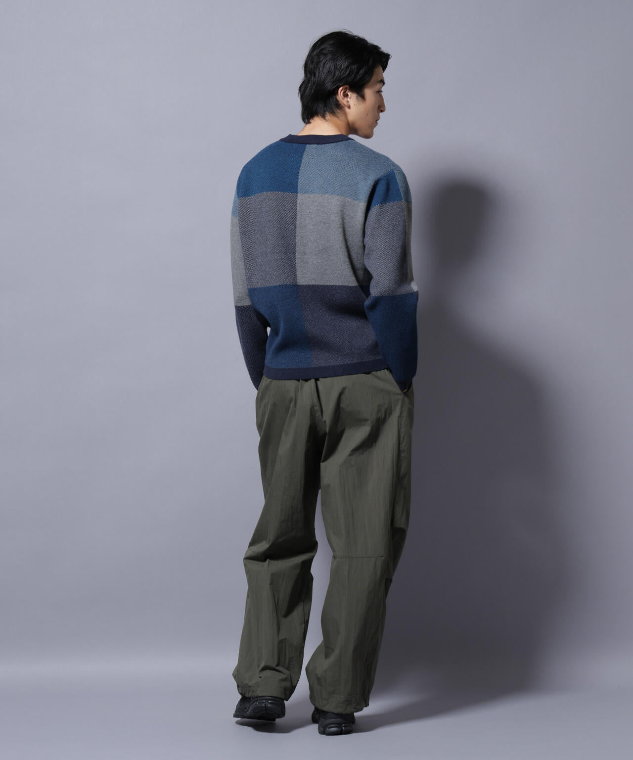 ブロックチェッククルーネックニット