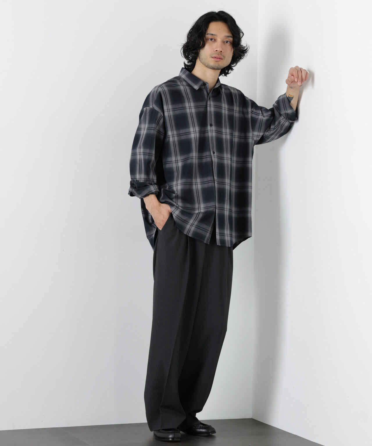 ビッグドレープチェックシャツ 長袖 6726120202