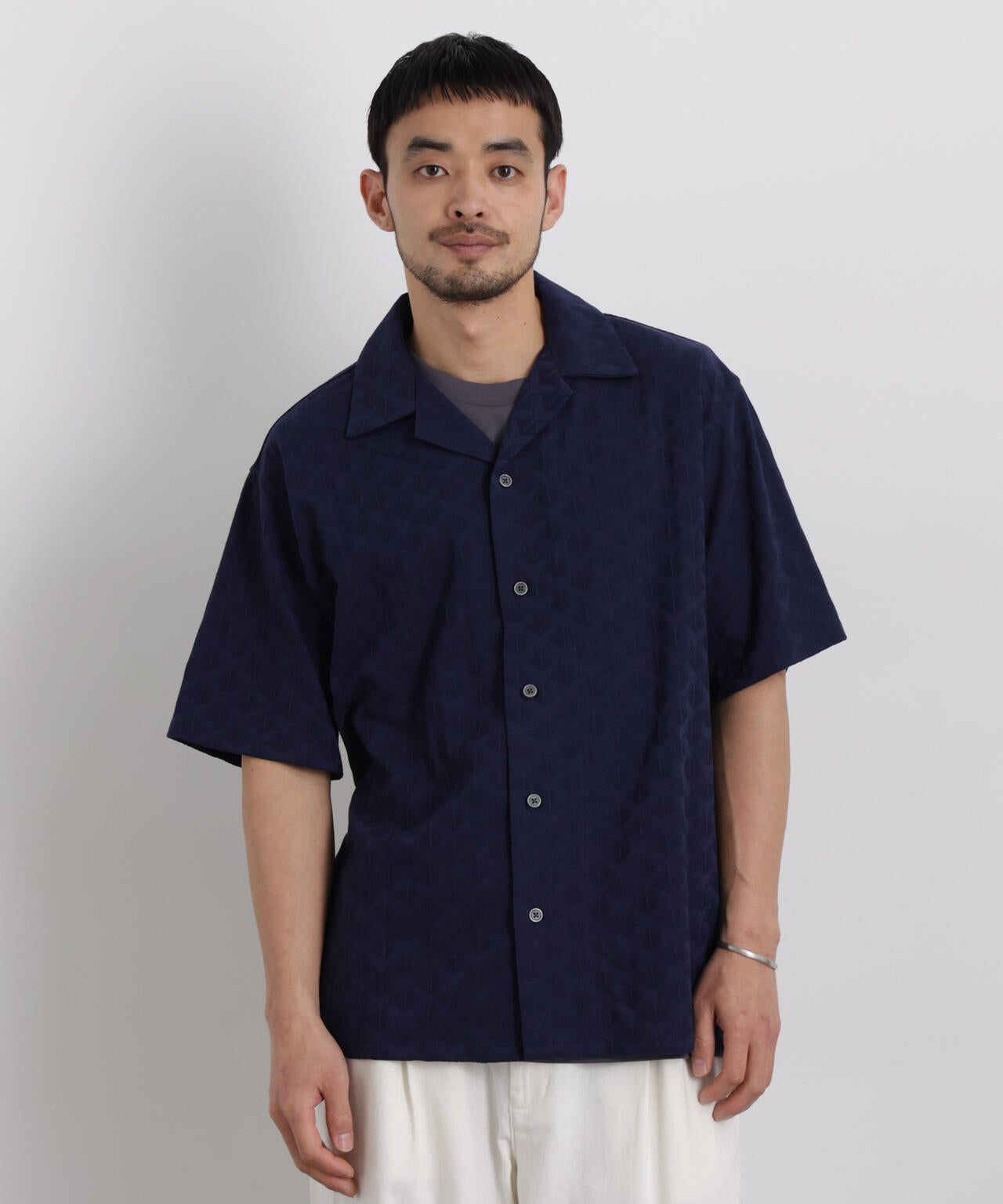 【美品】Supernova. 半袖シャツ メンズ オシャレ ネイビー ジャガード ジャガードオープンカラーシャツ 半袖